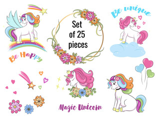 Set of cute magical unicorns with elements for design. Illustration for children's prints, postcards, etc.