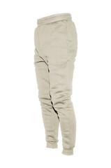 Blank training jogger pants color sand on invisible mannequin template side view on white background
