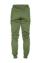 Blank training jogger pants color green on invisible mannequin template back view on white background
