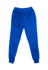 Blank training jogger pants color blue on invisible mannequin template front view on white background
