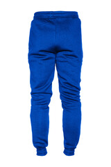 Blank training jogger pants color blue on invisible mannequin template back view on white background
