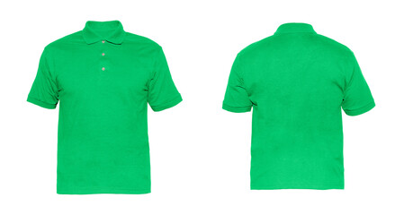 Blank Polo shirt Three-button placket color light green on invisible mannequin template front and back view on white background
