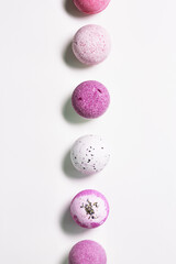 Lavender bath bombs from sea salt with natural healthy ingredients, fragrant spa products with lavender flower essential oil. Aromatherapy and herbal medicine balls, cosmetic for body care