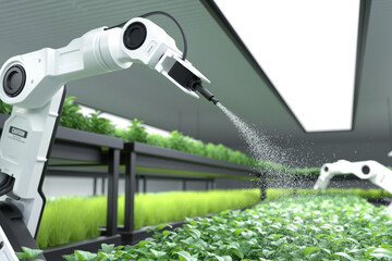 Smart robotic farmer spraying fertilizer on vegetable green plants, Agriculture technology, Farm...