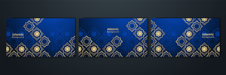 Fototapeta premium Ornamental arabic blue gold pattern Islamic design background. Ramadan Kareem background