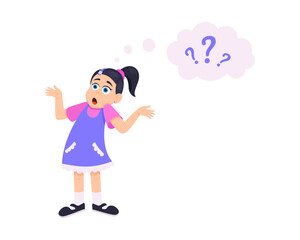 Little doubt girl kid asking question flat style design vector illustration isolated on white background. Cute girl thinking about something and question mark flies above her asking concept.