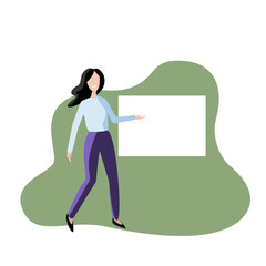 A girl pointing to an empty signboard with an area for copying your text or slogan. Banner, poster.  Vector illustration.