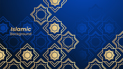 Ornamental arabic blue gold pattern Islamic design background. Ramadan Kareem background