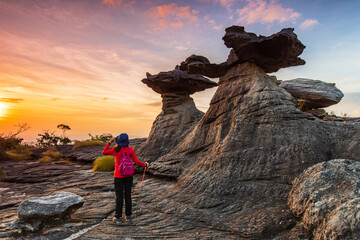 The twin rock pillars in Pha Taem National Park, Ubon Ratchathani  province, Thailand.