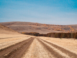 autumn landscape with dried grass, country road and mountains