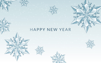 Christmas and New Year greeting card with transparent blue snowflakes.