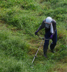 耕作放棄地の草刈りをする作業員