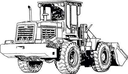 Black and white vector image of a large construction bulldozer