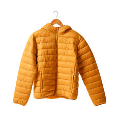 Hanger with stylish down jacket on white background