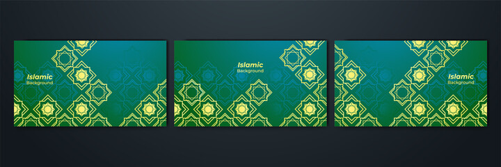 Ornamental arabic green yellow pattern Islamic design background. Ramadan Kareem banner background