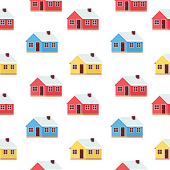 Seamless pattern of colored rural houses drawn in a flat style. Vector illustration