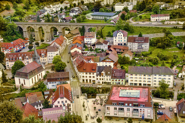 View from the observation mountain to the town of Hornberg and the railway bridge. Black Forest. Germany.