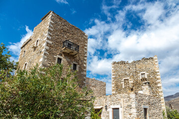 Stonewall tower houses at Vatheia Vathia village Mani peninsula Laconia Peloponnese Greece.