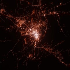 Urumqi city lights map, top view from space. Aerial view on night street lights. Global networking, cyberspace