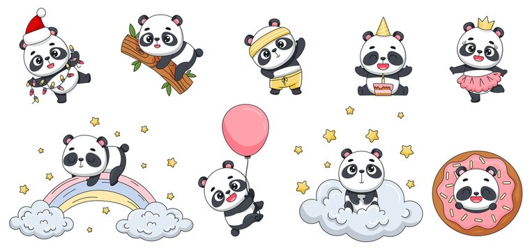 Set of cute pandas. Sports, new year, birthday, princess, ball, donut, rainbow, sitting on a cloud among the stars. Vector for design, banners, children's books and patterns