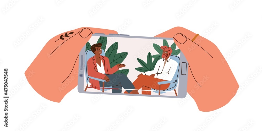 Poster Hands holding mobile phone with playing video on screen. Person watching interview on smartphone using online player through internet. Colored flat vector illustration isolated on white background