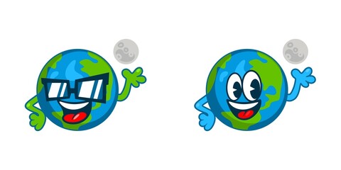 Happy Smiling Globe World Earth Cartoon Character With Continents And Moon