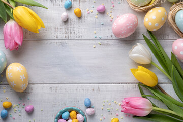 Obraz premium Happy easter background with bunnies, eggs, candies flowers