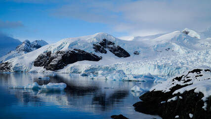 Arctic winter ocean landscapes near Paradise Bay in Antarctica.
