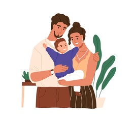 Foster family portrait. Happy mother, father and adopted kid. Smiling parents and adoptive child. Mom, dad and son. Children adoption concept. Flat vector illustration isolated on white background