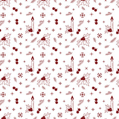 Christmas seamless pattern with burning candle, holly berries and snowflakes on white