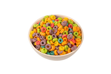 Colorful rings cereal spill out into a bowl. Breakfast. Isolated.