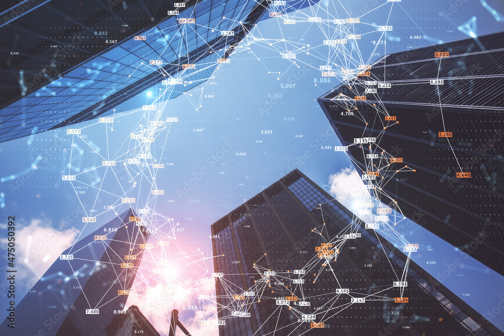 Poster bottom view city image with blue sky and glowing big data connections circle on blurry background. s