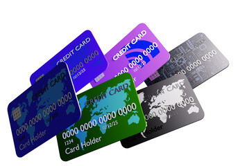 Credit cards on a white background. Set of modern credit cards on white background. The concept of bank lending. Banks, finance, loans, loans. A bright collage in a magazine style. 3d rendering