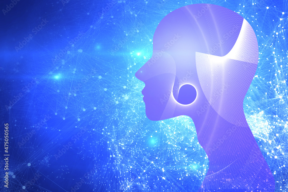 Poster Creative blue backdrop with head outline, polygonal connections and mock up place. AI, artificial intelligence and machine learning concept. 3D Rendering.