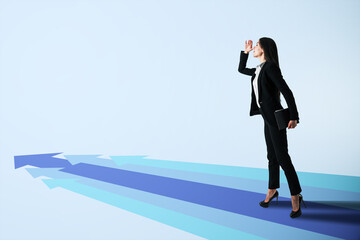 Pretty young european businesswoman with blue arrows on light background with mock up place. Way,...