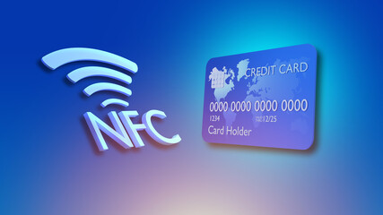 NFC icon. Near field communication sign. NFC letter logo and credit card. Contactless payment concept on blue background. NFC payments icon for apps. Payments for goods and services. 3d rendering