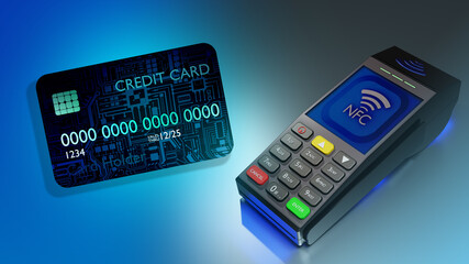 Payments using bank card. Payment terminal with the NFC logo. Credit card next to the POS terminal. Bank payment machine on a blue background. Banking equipment. Acquiring. 3d rendering