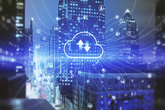 Abstract glowing cloud hologram on illuminated night city background. Cloud computing and database concept. Double exposure.