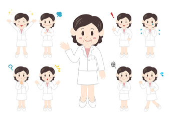 Obraz premium 中年女性医療従事者のポーズと表情のイラスト: 全身セット