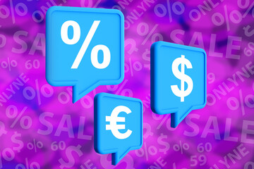 Trade, shopping, business, discounts, sales. Labels with dollar, euro, and percent symbols on a lilac background. Sale of goods with discounts. Ordering goods abroad. Bright background. 3d rendering