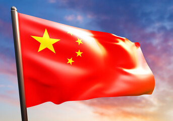 Flag of China flying.  The Chinese flag on the flagpole. A red banner with stars. The national symbol of the People Republic of China. The national flag. PRC banner against the sky. 3d image
