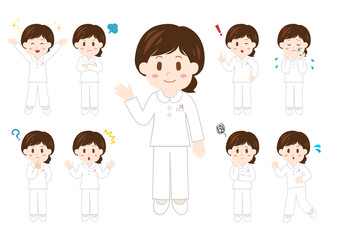 女性医療従事者のポーズと表情のイラスト: 全身セット