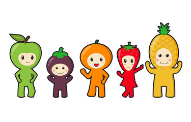 Mascot cute Fruits action post standing colorful apple mangosteen orange strawberry pineapple