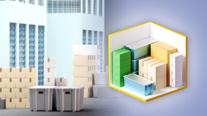Illustration of self storage units section with boxes and containers. Storage of things in warehouse. Containers with things in the storage room. Rent of warehouse units. Private storehouse. 3d image