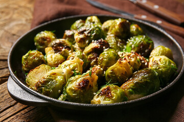 Frying pan with delicious roasted Brussels cabbage on table, closeup