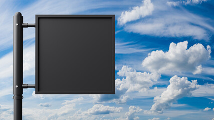 Blank billboard on cloudy sky background. Black advertising banner with space for text. Advertising poster on the background of a beautiful sky. Advertising, information, messages. 3d image