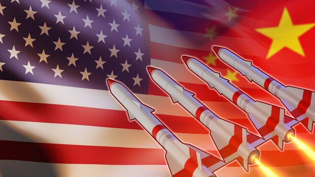 World military confrontation. Cruise missiles on the background of USA and China flags. Offensive and defensive structures. Strategic nuclear rocket weapons. World military aggression. 3d image
