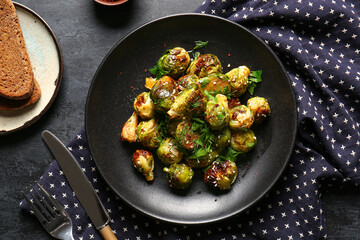 Plate with tasty roasted Brussels cabbage and toasts on dark background