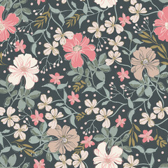Floral seamless pattern, ditsy flowers on dark background. Perfect for fabric, stationery, scrapbooking, wallpaper - 475051521
