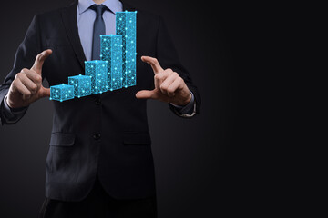 Business man holding 3D graphs low polygonal and stock market statistics gain profits. Concept of growth planning,business strategy.economic growing concept.Business strategy. Digital marketing.